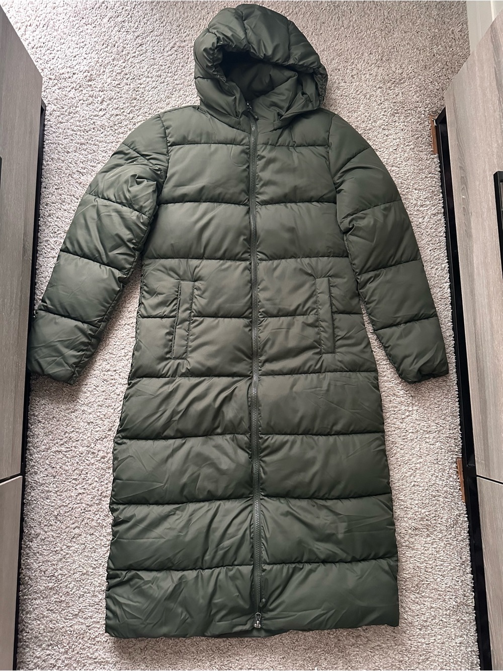32 Degrees Long Hooded Puffer Coat in Olive